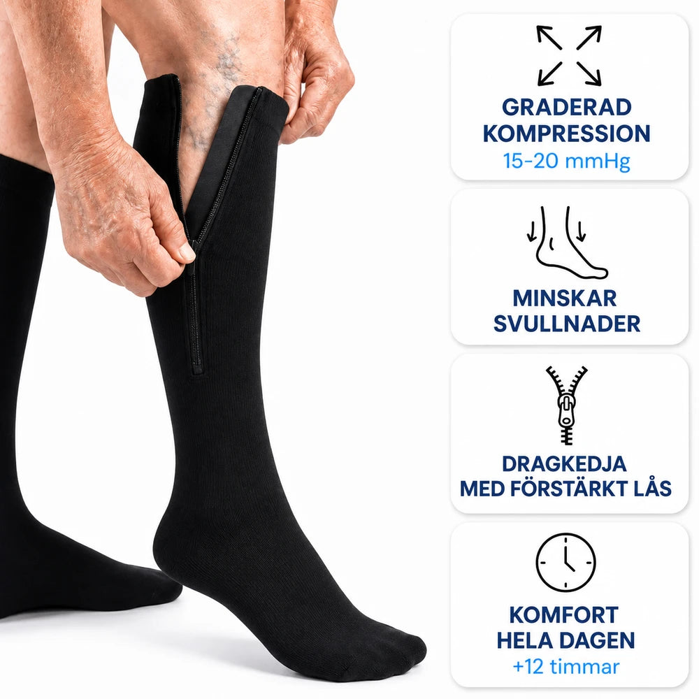 LegZip® | Kompressionsstrumpor med dragkedja. Säg farväl till tunga, trötta ben.