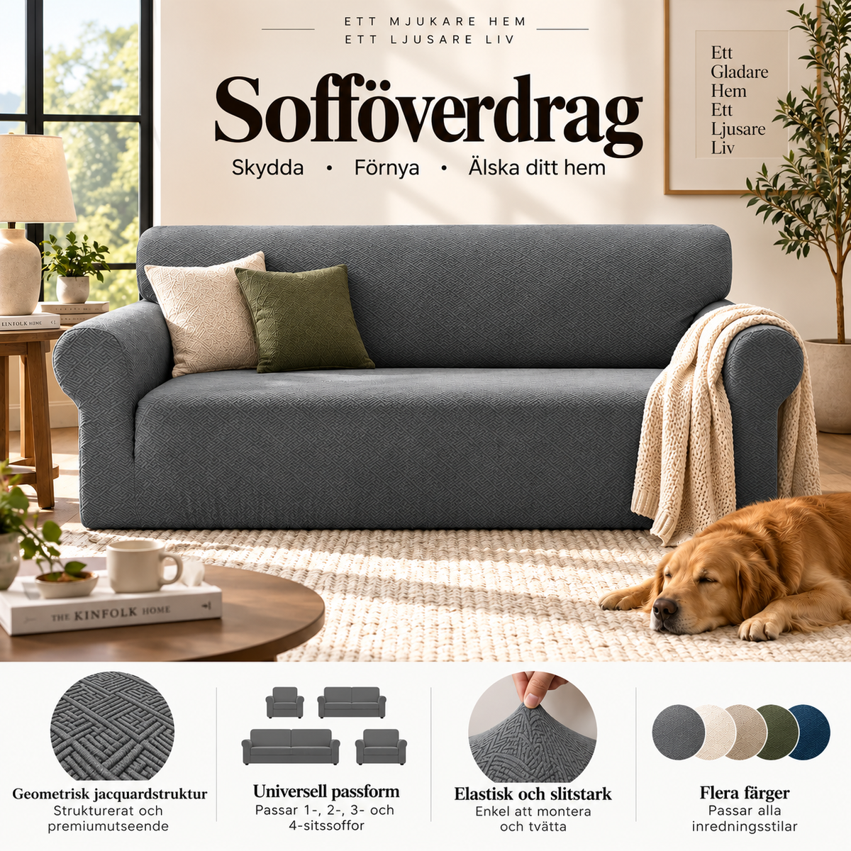 Superelastiskt jacquardöverdrag för soffa med halkskydd