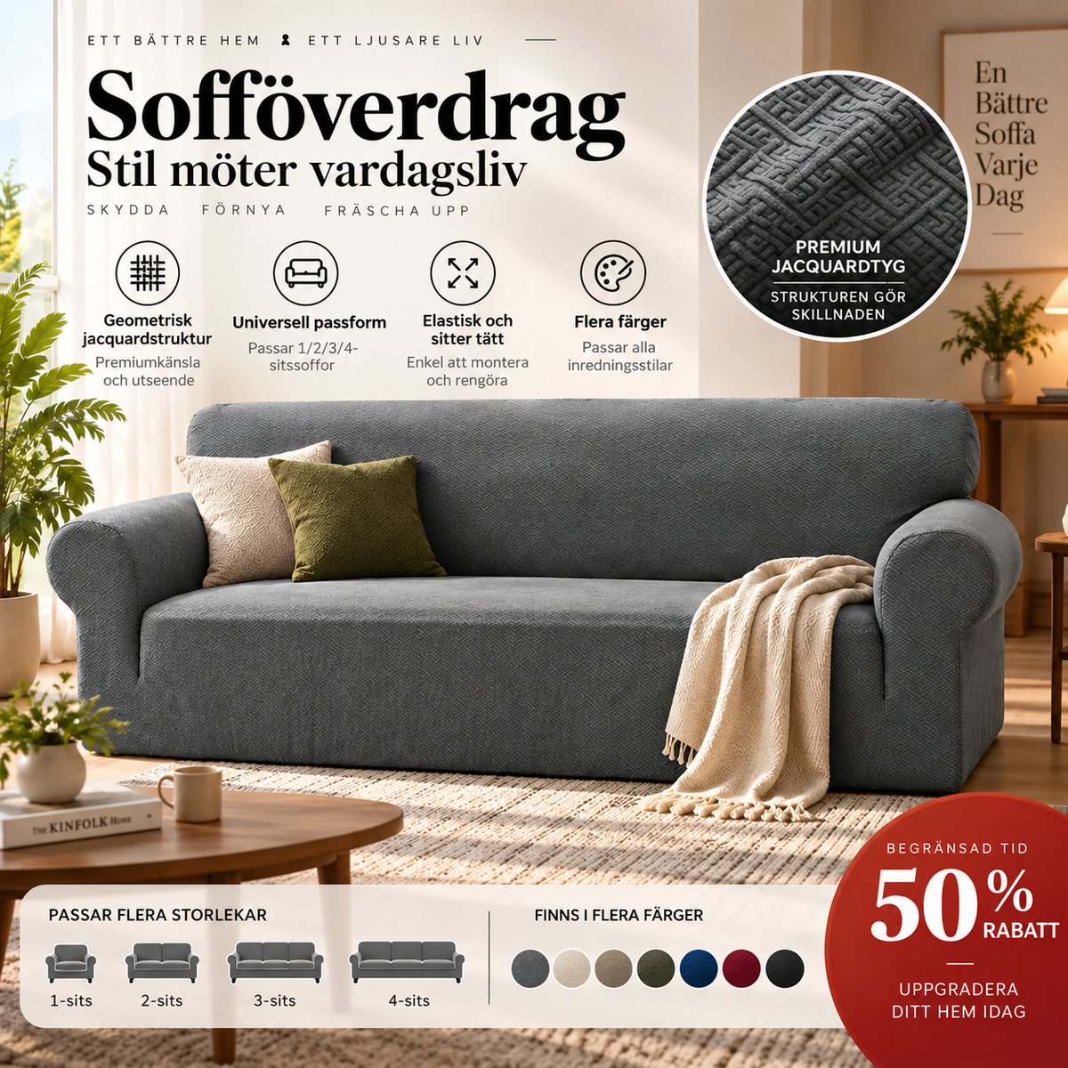 Superelastiskt jacquardöverdrag för soffa med halkskydd
